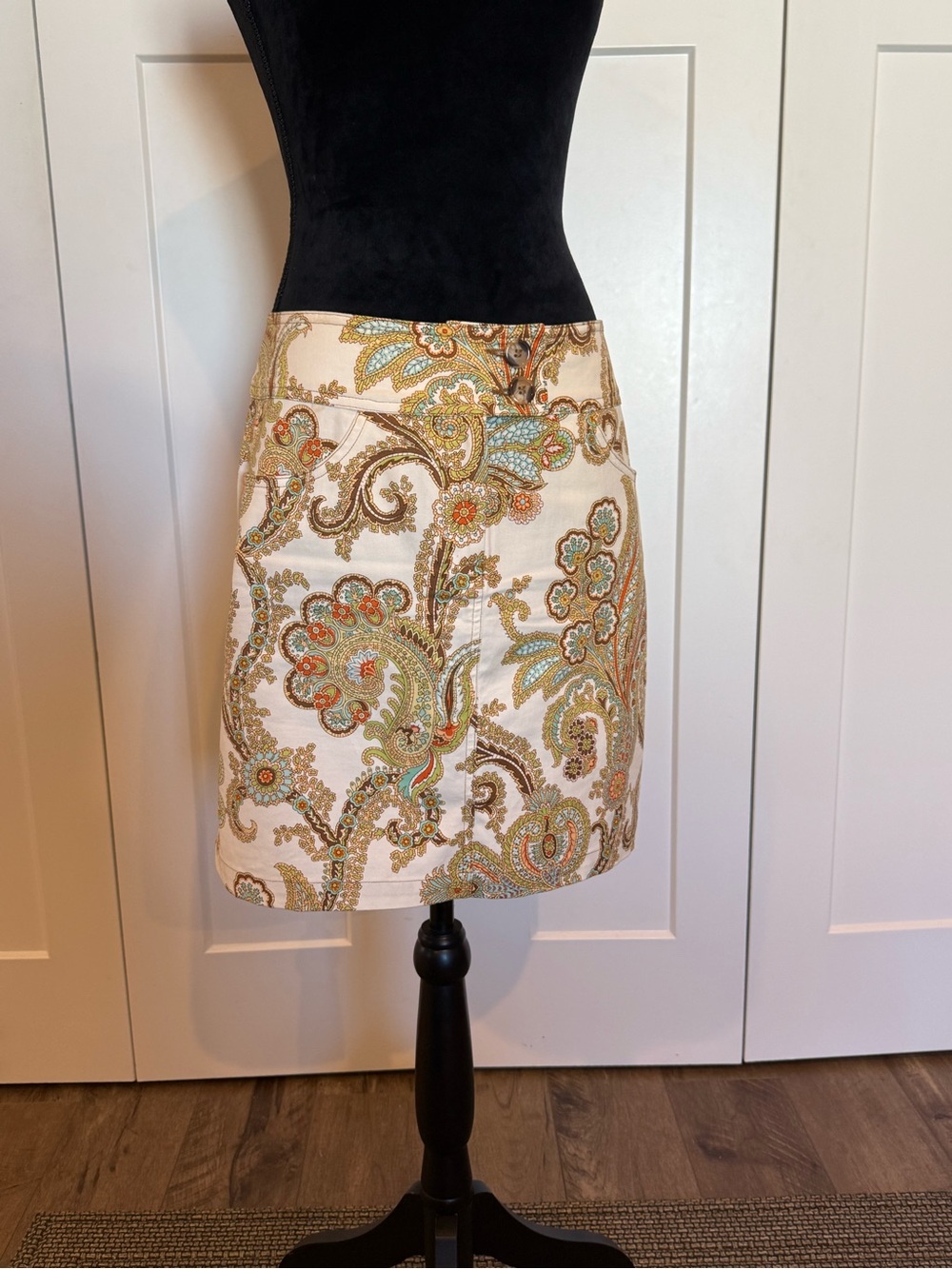 CAbi White Paisley Embroidered Mini Skirt with Green and Orange Accents